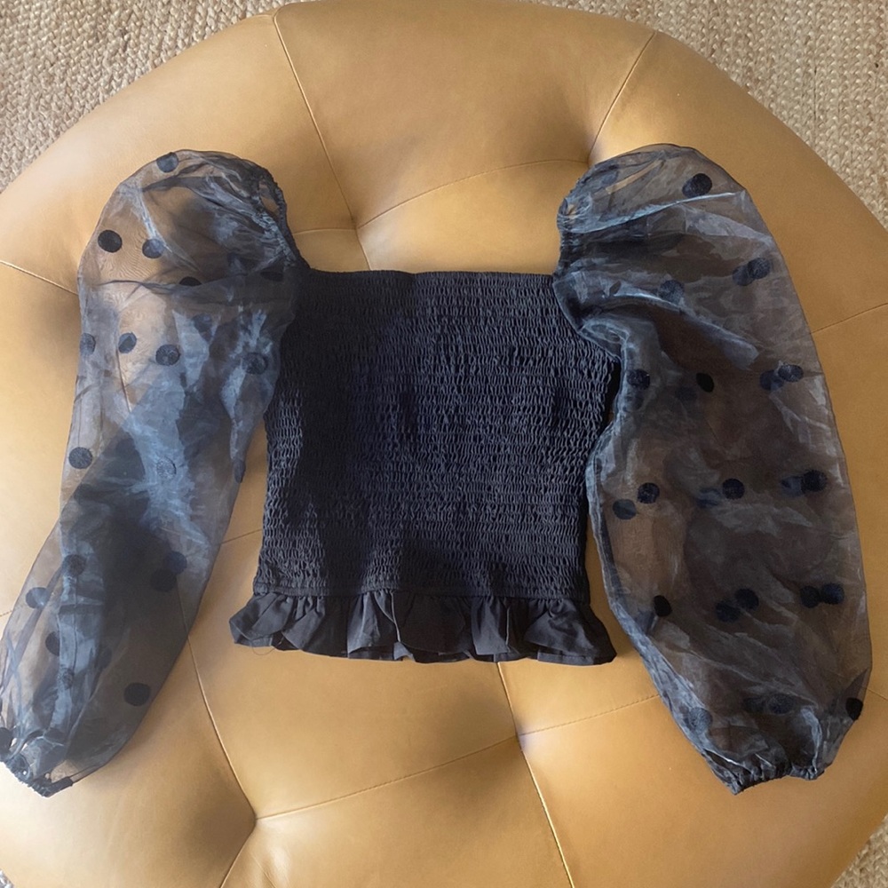 fab’rik Black Puff Sheer Sleeve Going Out Date Night Top Puffy Crop Sexy Small